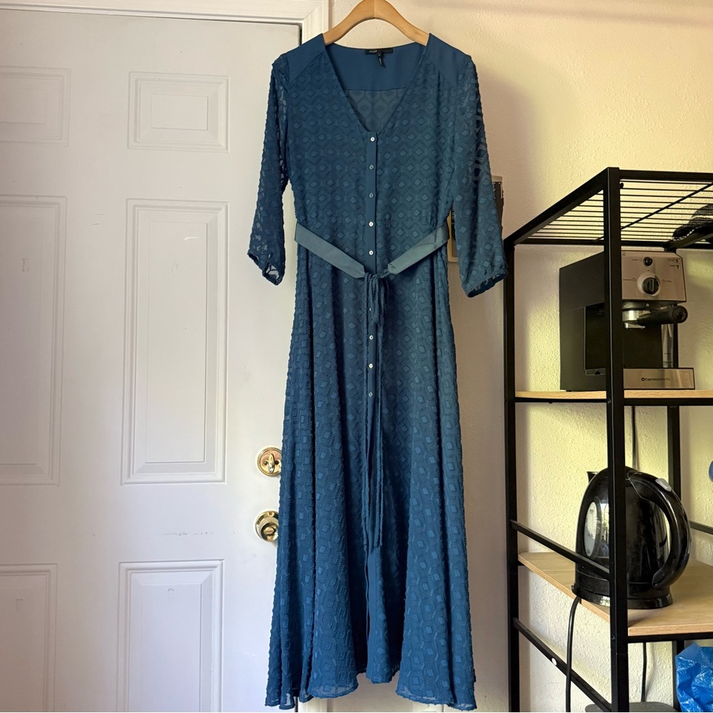 MAJE blue sheer geo chevron sheer long sleeve belted midi maxi dress
